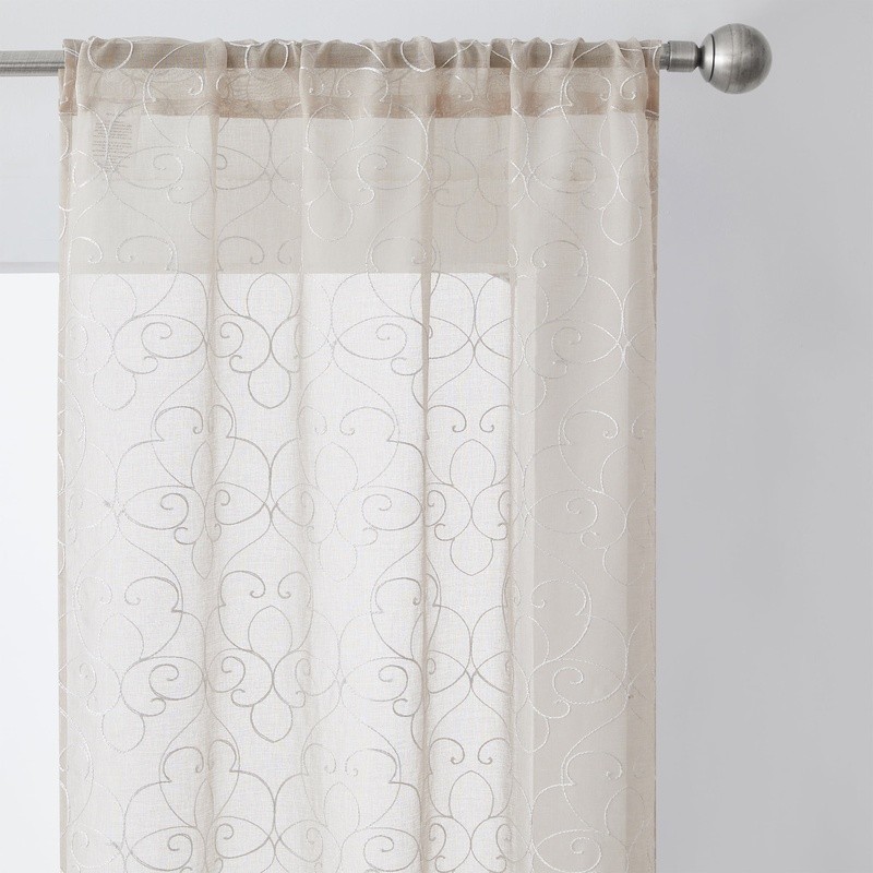 Embroidered Scroll Sheer Curtain Panels 4 Piece Set Rod Pocket Window Treatment