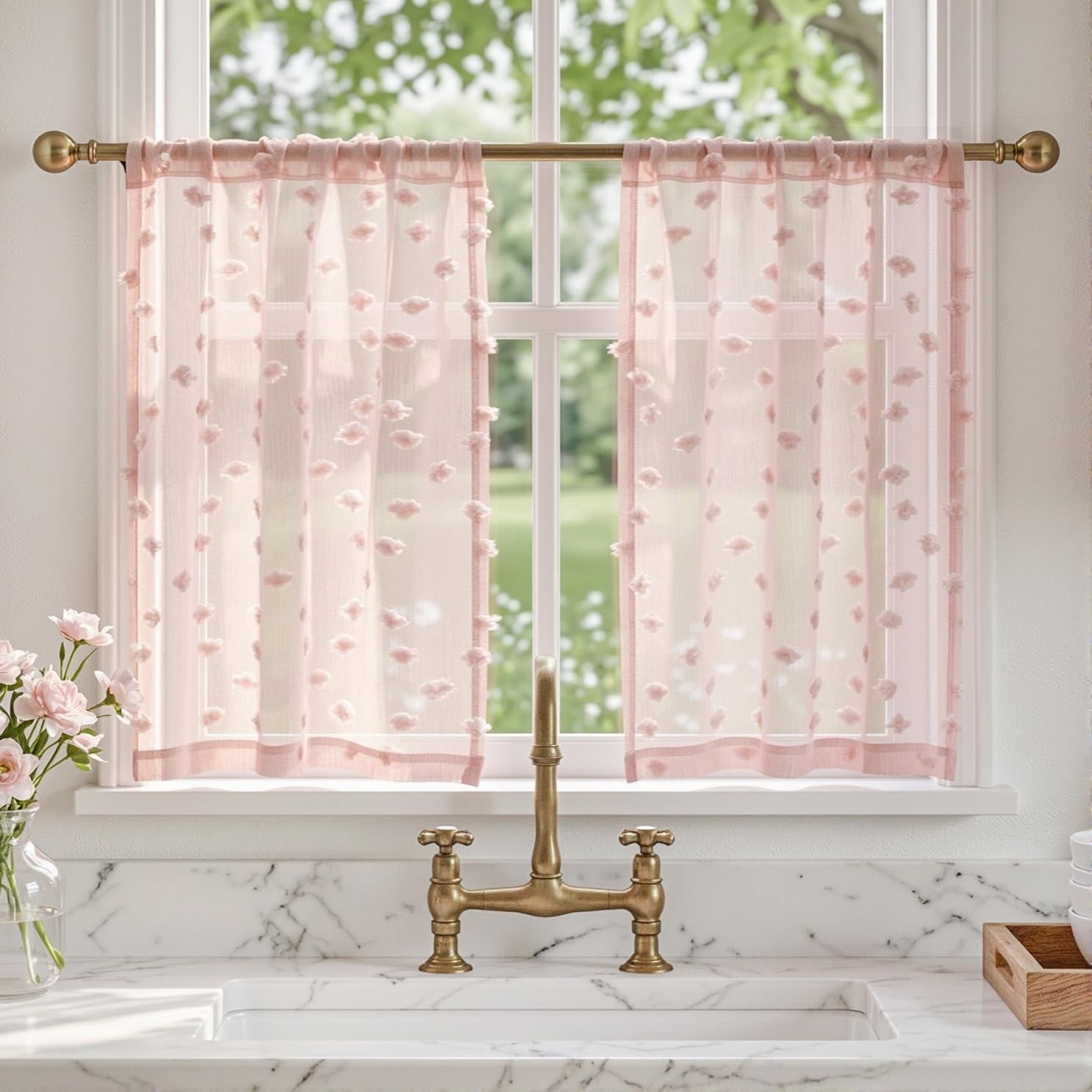 Pink Sheer Short Curtains for Small Windows Kitchen 45 inch Long with Pom Pom…