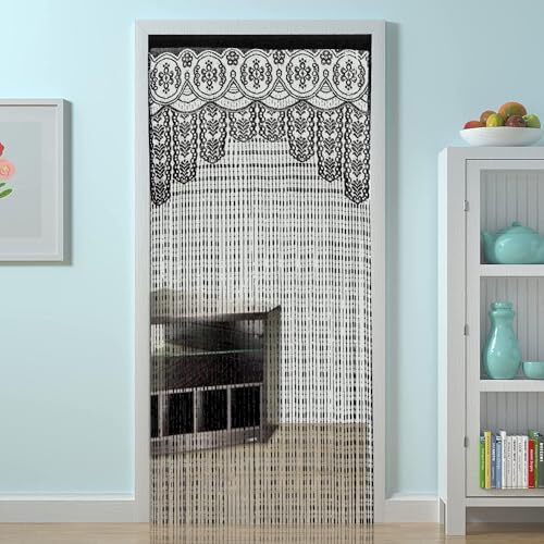 String Door Privacy Lace Curtain Macrame Boho Doorway 35×79in/90×200cm Black
