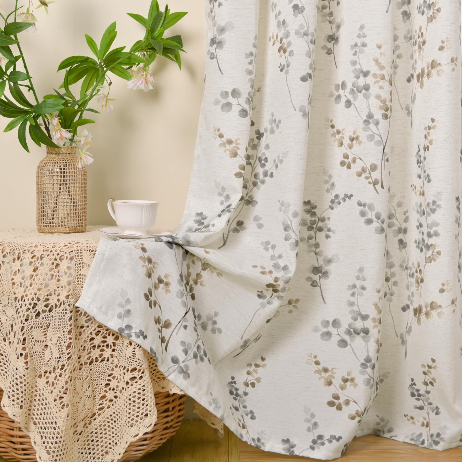 Linen Curtains for Living Room 84 Inch Length 2 Panels Set Floral Leaf Patter…