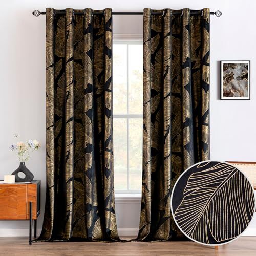 Black Velvet Blackout Curtains 84 52″W x 84″L (Pack of 2) Black/Gold Leaf