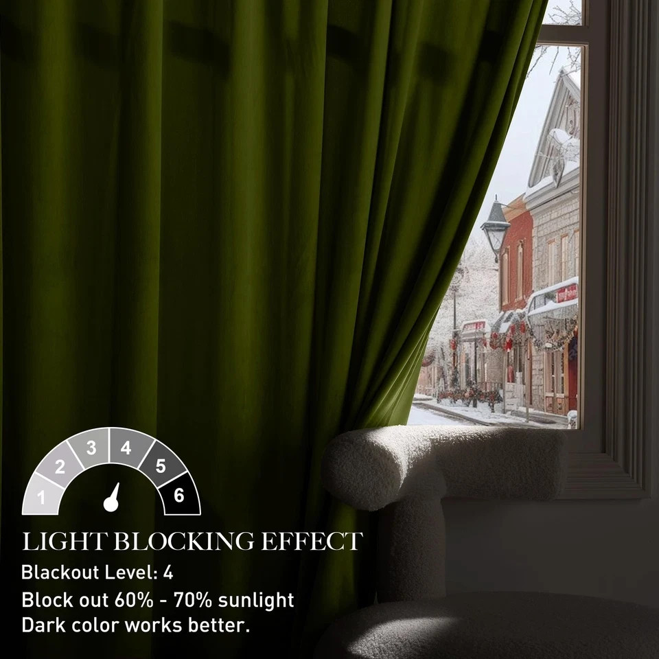 Olive Green Velvet Pinch Pleated Curtains 96 inches Long, Block Light Thermal In