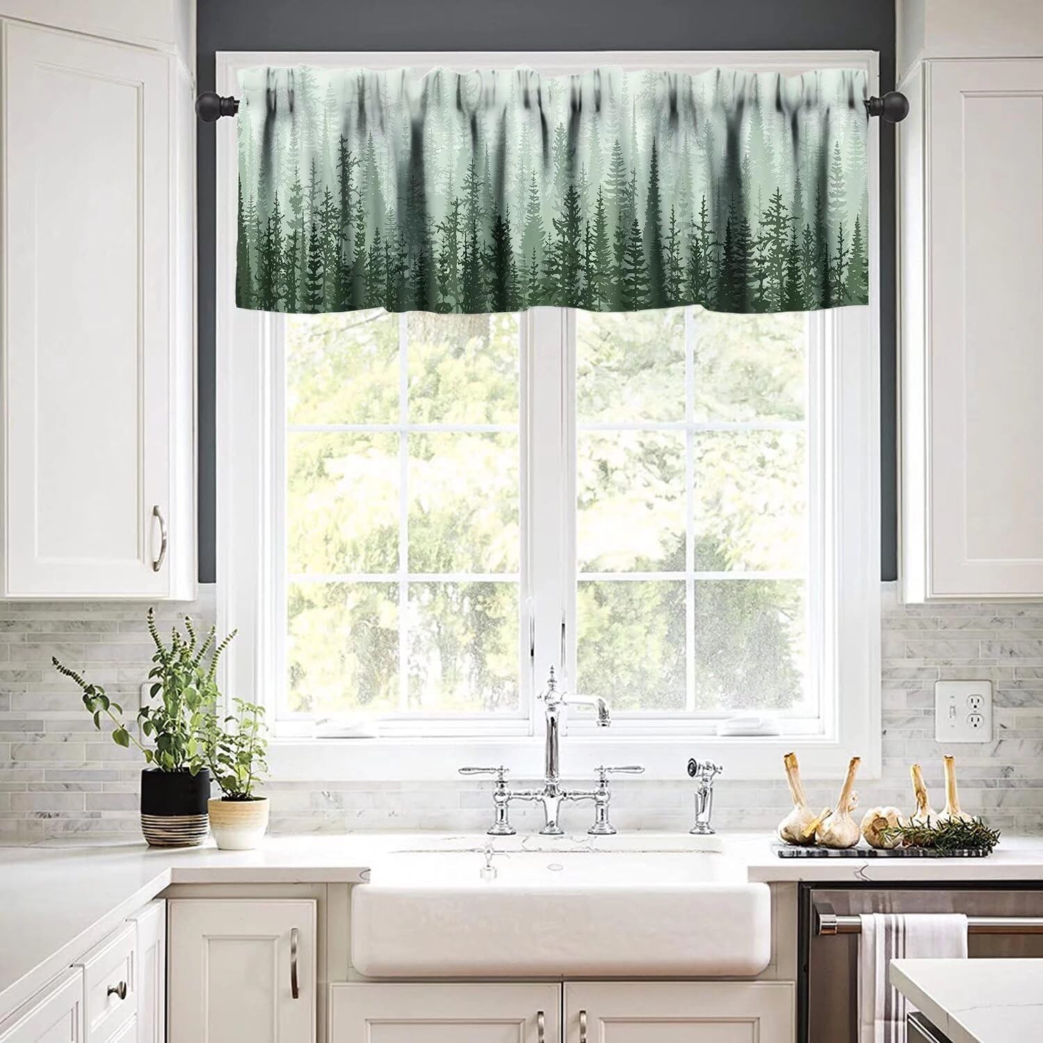 Foggy Green Forest Valance Curtain Landscape Coniferous Tree Rod Pocket Valan…