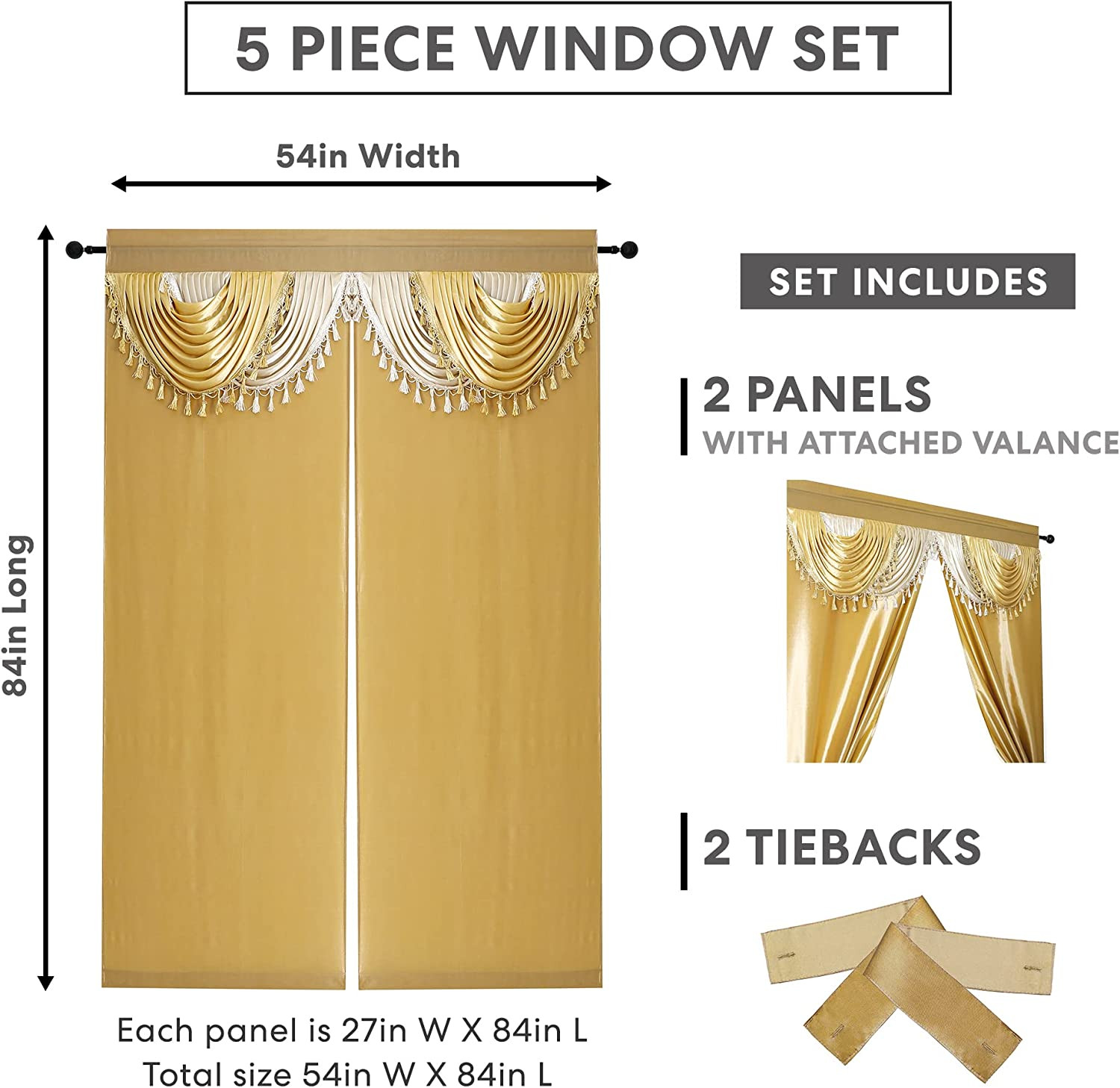 Amore Curtains 5-Piece Window Curtain Set – 54-Inch W x 84-Inch L Panels with At