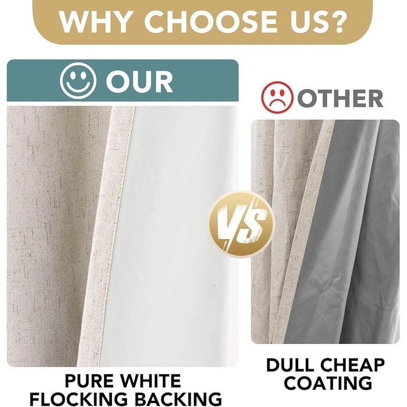 100% Blackout Linen Look Curtains Noise Reducing Energy Saving Drapes Grommets