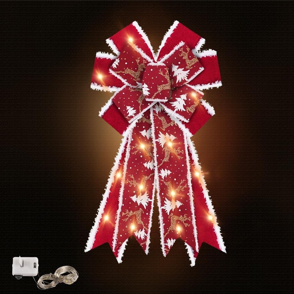 Christmas Bows – LED Light Red Velvet Wreath Bow for Winter Décor, Tree Topper