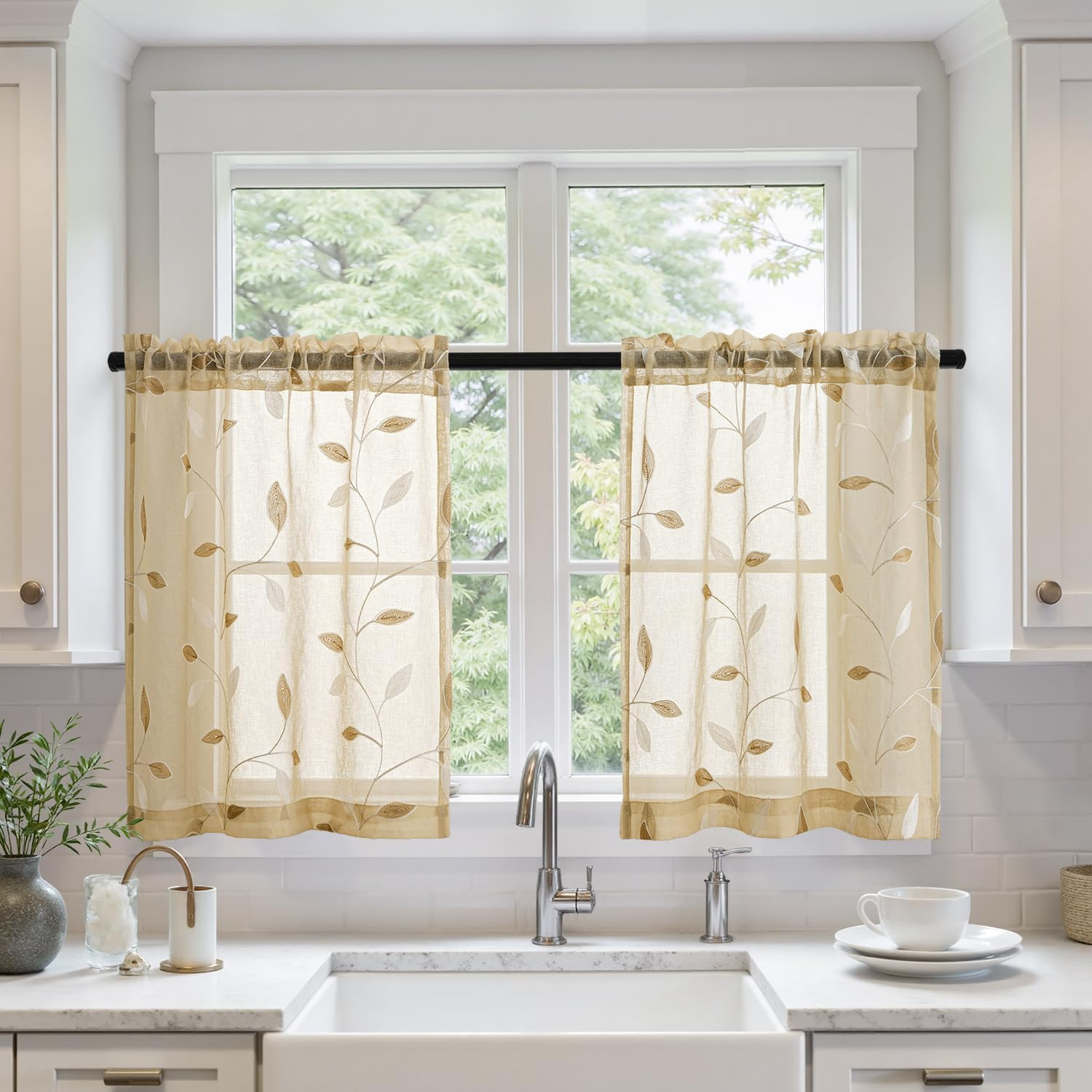 Beige Sheer Kitchen Curtains 30×36 2 Panels Faux Linen Leaf Embroidered