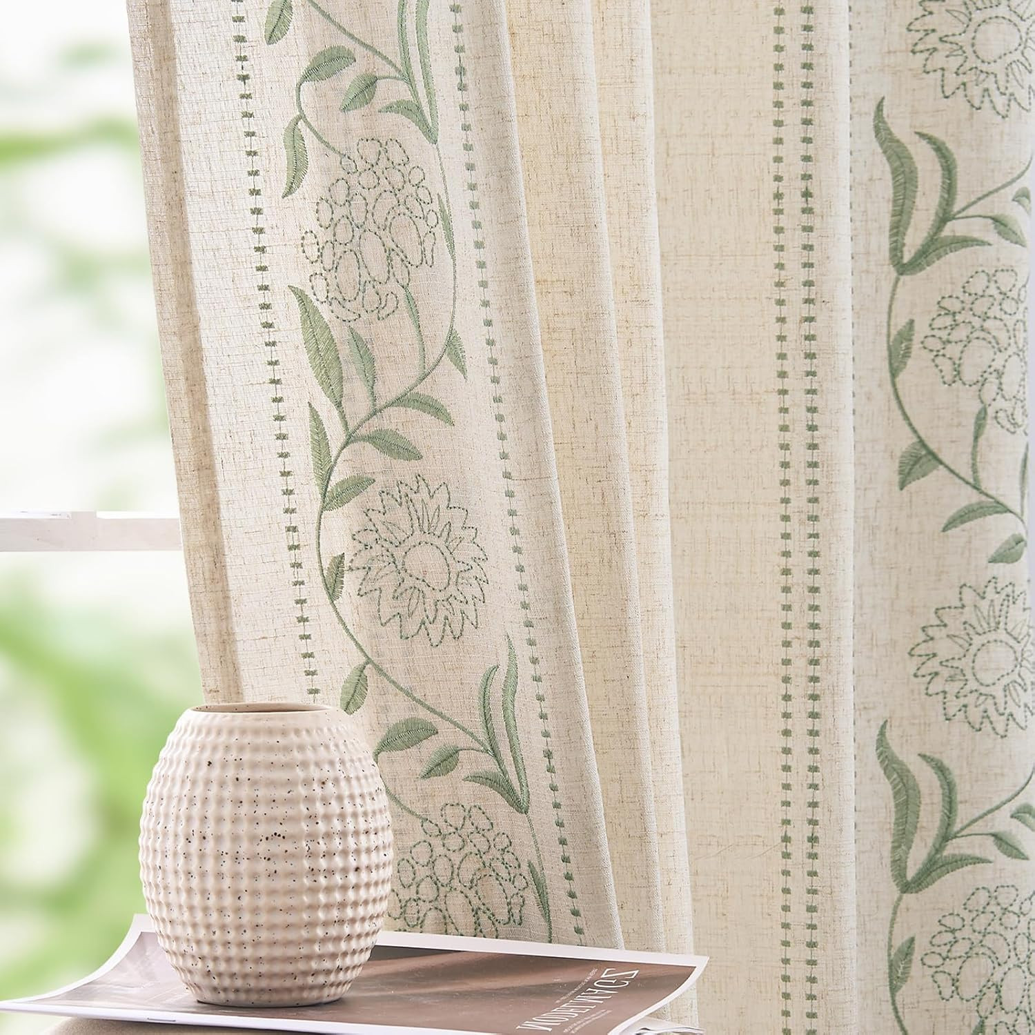 Winslow Linen Floral Curtains 90 Inch Sage Beige 2 Panels Window Drapes