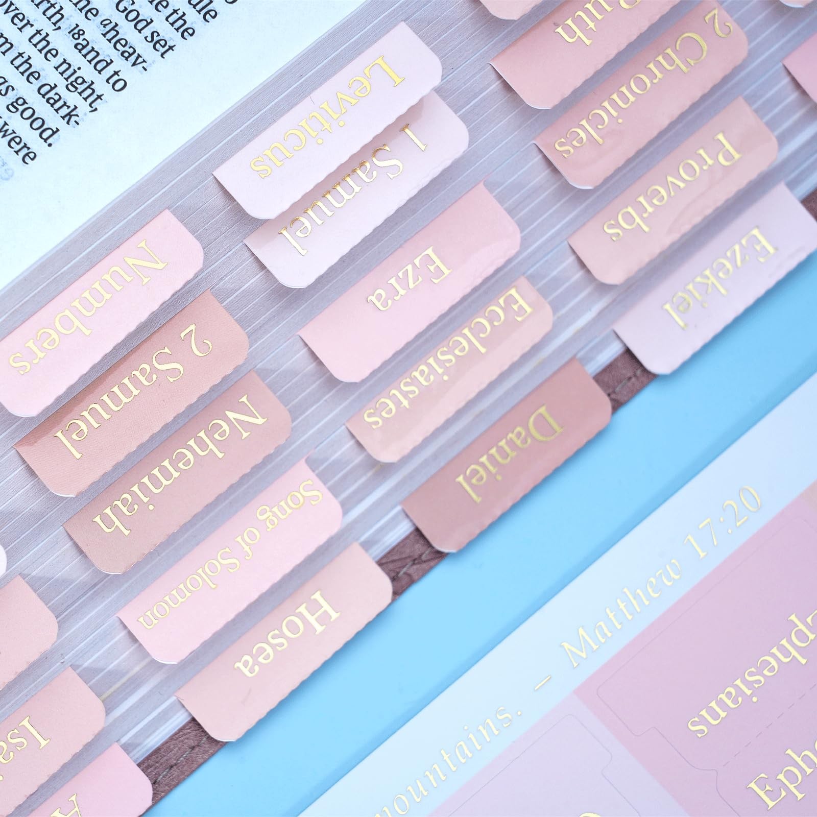 XKDOUS Pink Bible Tabs with Stickers, Laminated Gold Font Large Ballet