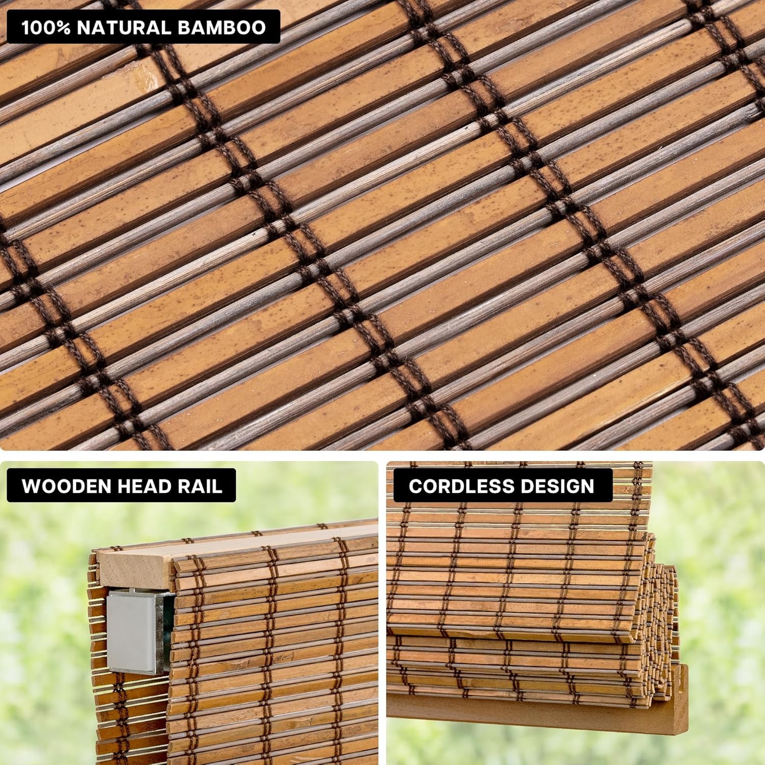 No-Drill Cordless Roman Shade Bamboo 43″ W x 48″ H Malay Umber