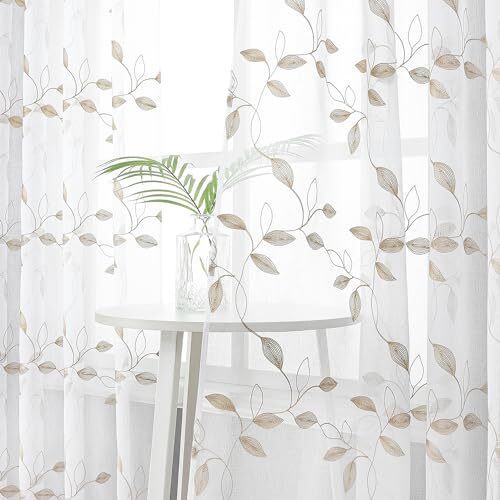 Leaf Sheer Curtains Leaves Embroidered Living Room Short 54″W x 45″L Taupe