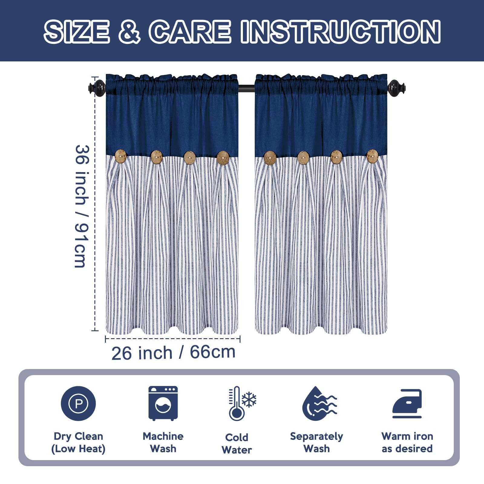 ASPMIZ Cotton Linen Farmhouse Kitchen Curtains, Blue Striped Tier Curtain 36 …