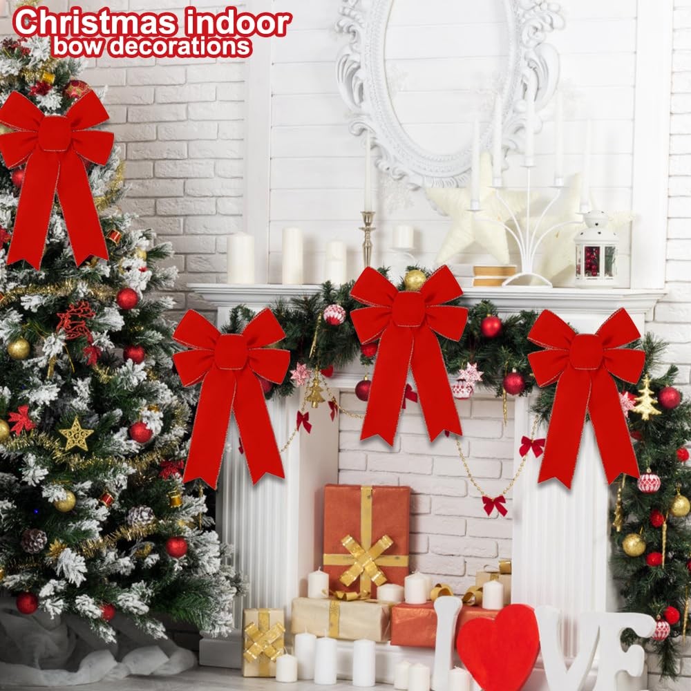 10PCS Christmas Red Bows Decorations, 9 x 13 Inches Large Velvet Christmas Tr…