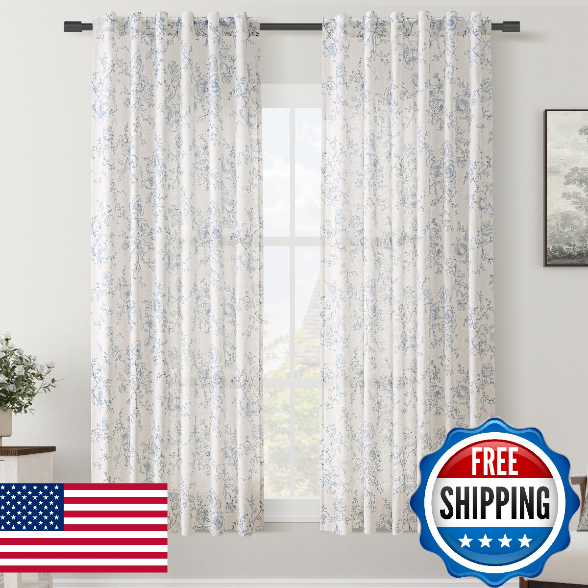 Meikelor Blue Floral Curtains 72 Inch Length Back Tab Farmhouser Living Room