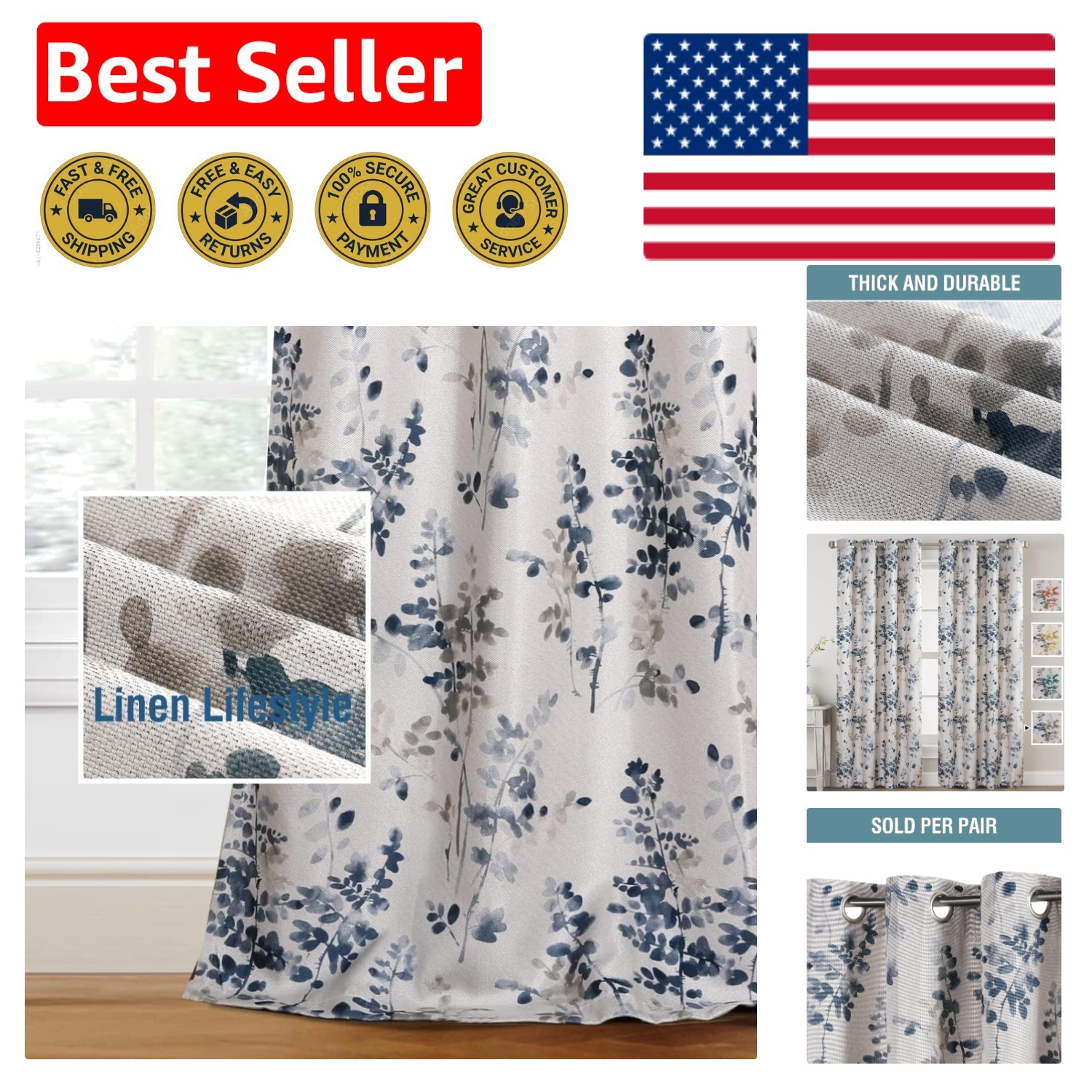 Elegant Blackout Curtains 84-Inch Floral Design in Bluestone & Taupe – 2 Panels