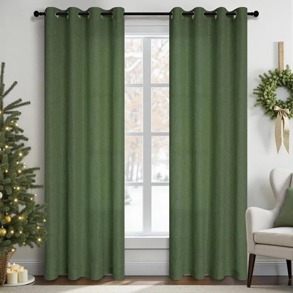 Olive Green Linen Curtains 108 Inch Extra Long for Large Window 2 Panels Grommet