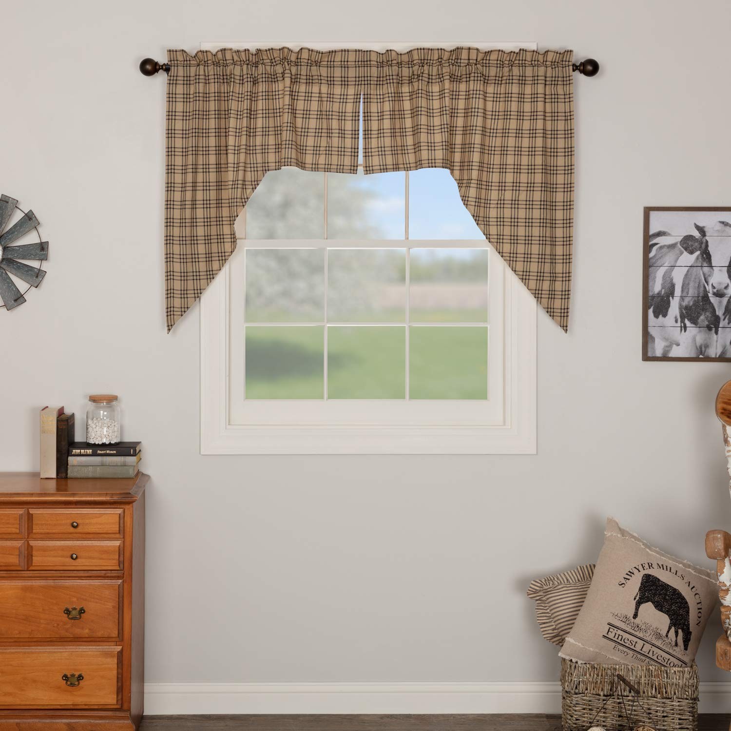 Farmhouse Kitchen Window Curtains-Sawyer Mill Tan Swag Pair, One Size, Charcoal