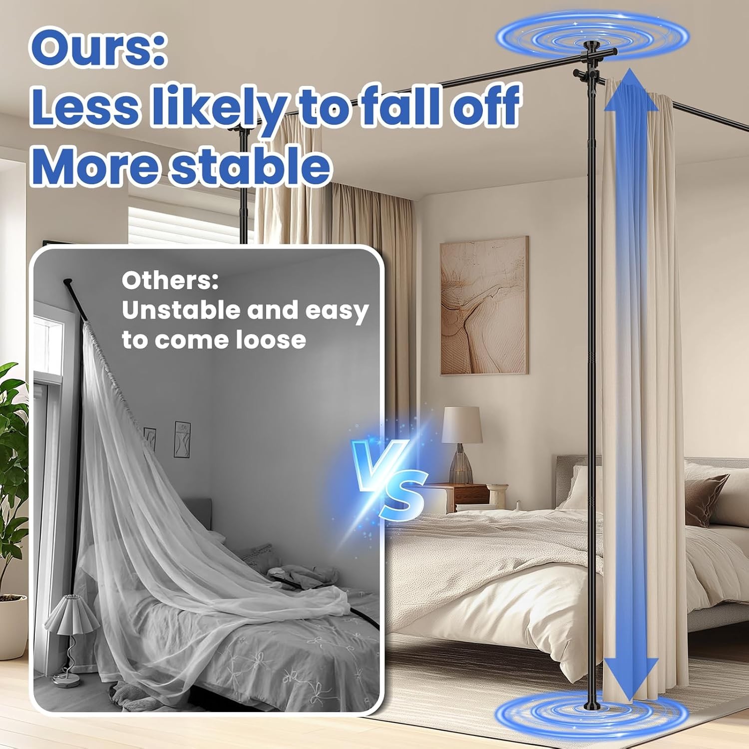 Adjustable Room Divider Tension Curtain Rod – No Drill, Heavy Duty Black 1 Pack