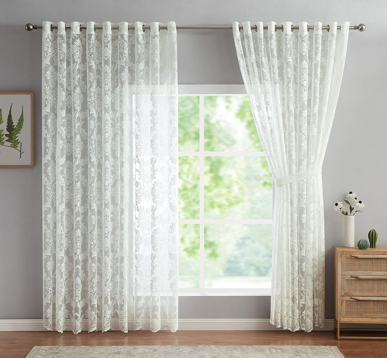 Elegant Ivory Lace Curtains with Tiebacks – Perfect for Large Spaces (108×100)