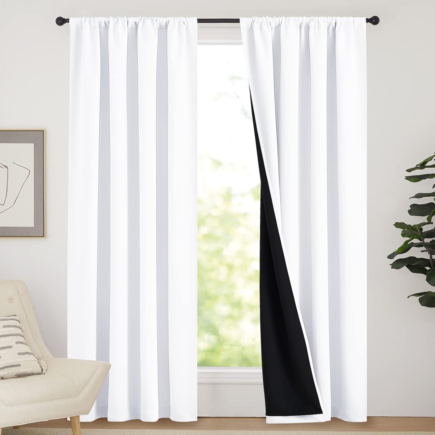 100% Blackout Curtain Panels, Rod Pocket Window Curtains with Black Liner for Nu