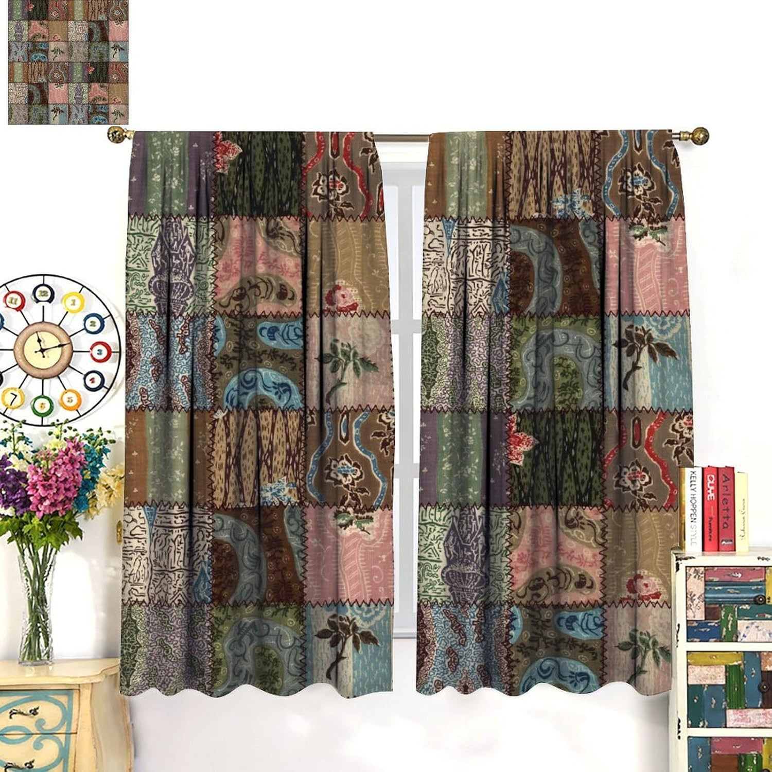 Boho Patchwork Curtains,Vintage Colorful Bohemian Splicing Print Drapes for Bedr