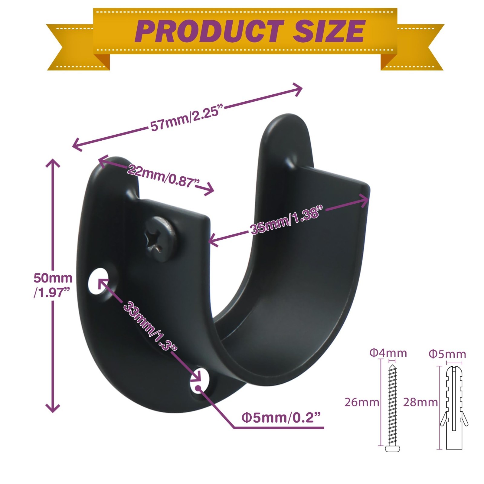 Curtain Rod Holder Bracket Set – 32mm Wall/Ceiling Mount, Matte Black, Pack of 4