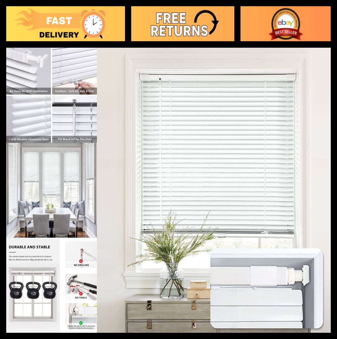 1″ Aluminum Mini Blinds – Cordless, No Drill, Light Filtering Shades 31» W x 64
