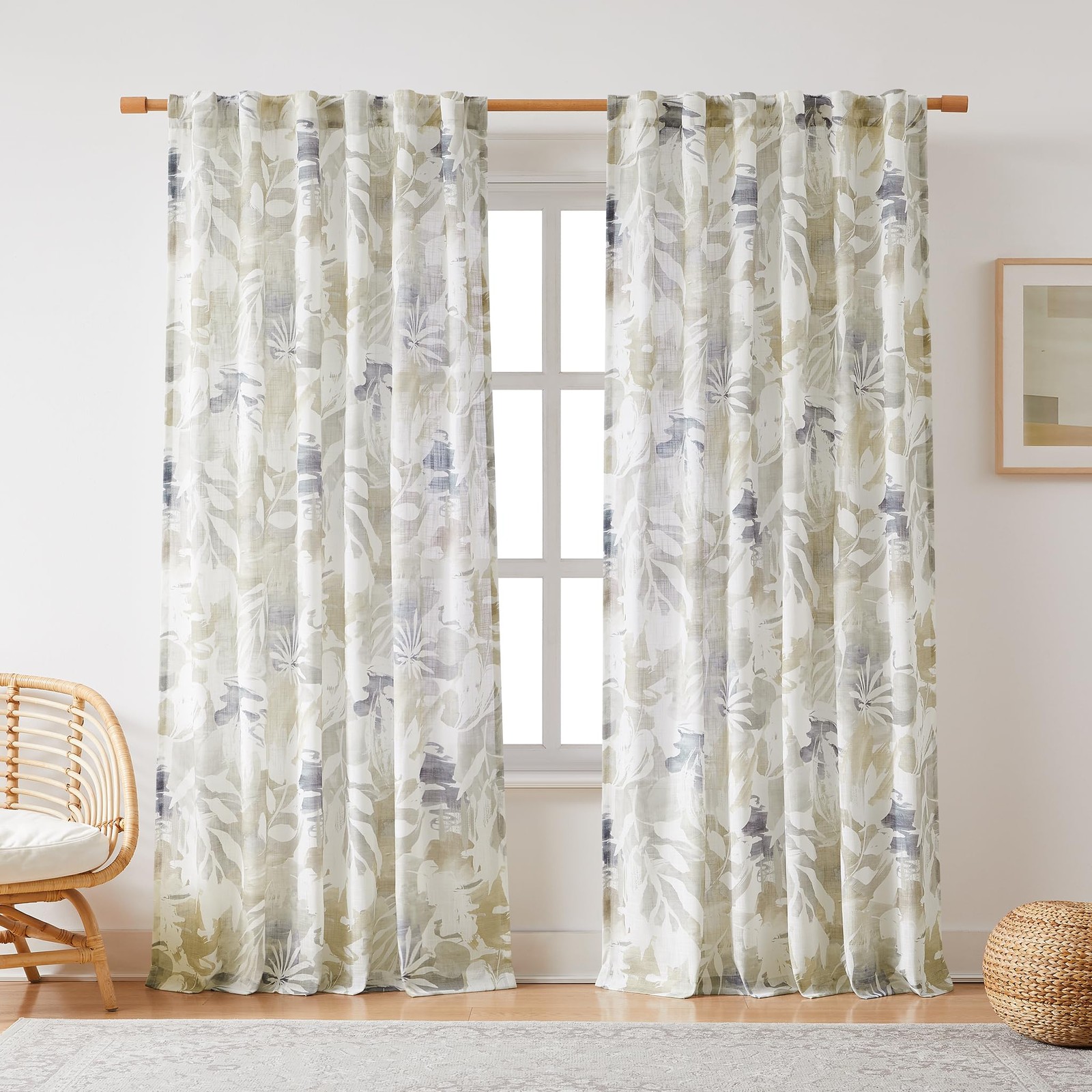Curtains for Bedroom 84″ Taupe Beige Abstract Leaf Floral, Semi Sheer Linen C…