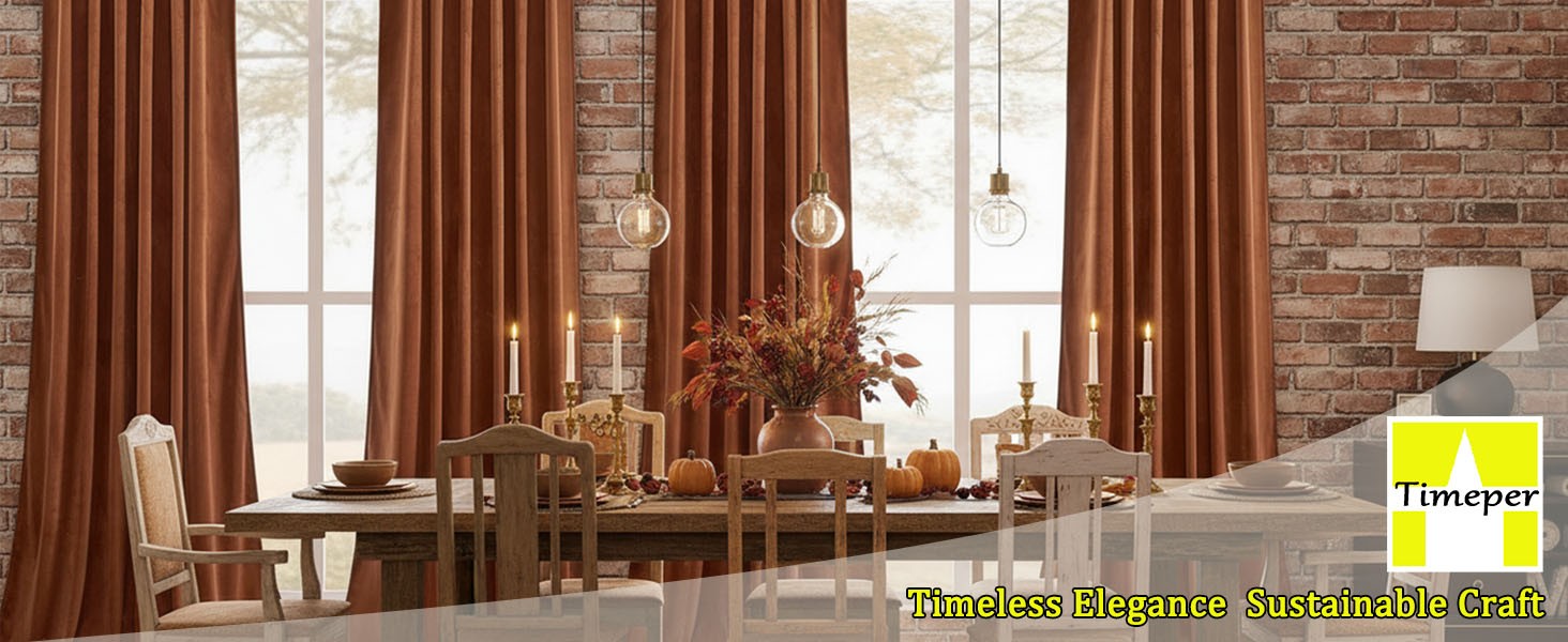 Burnt Orange Pleat Back Tab Velvet Curtains W52 x L84 inches 2 Panels, Room