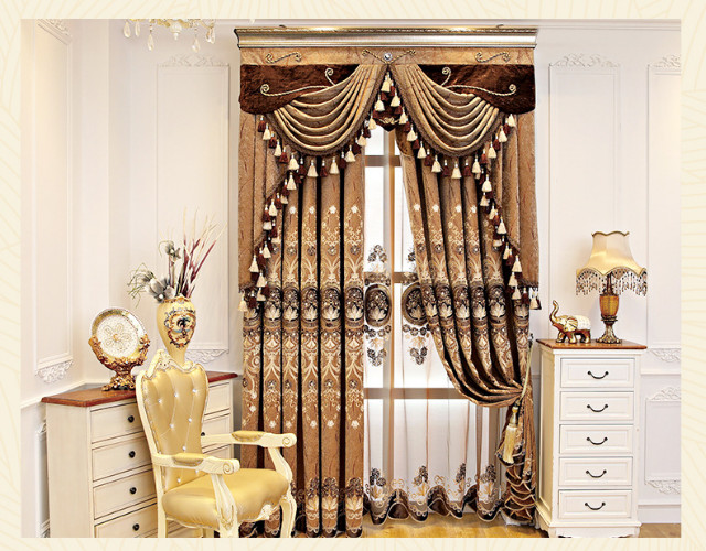 New European-style Brown Chenille Curtains Villa Room Embroidered Decor Curtains