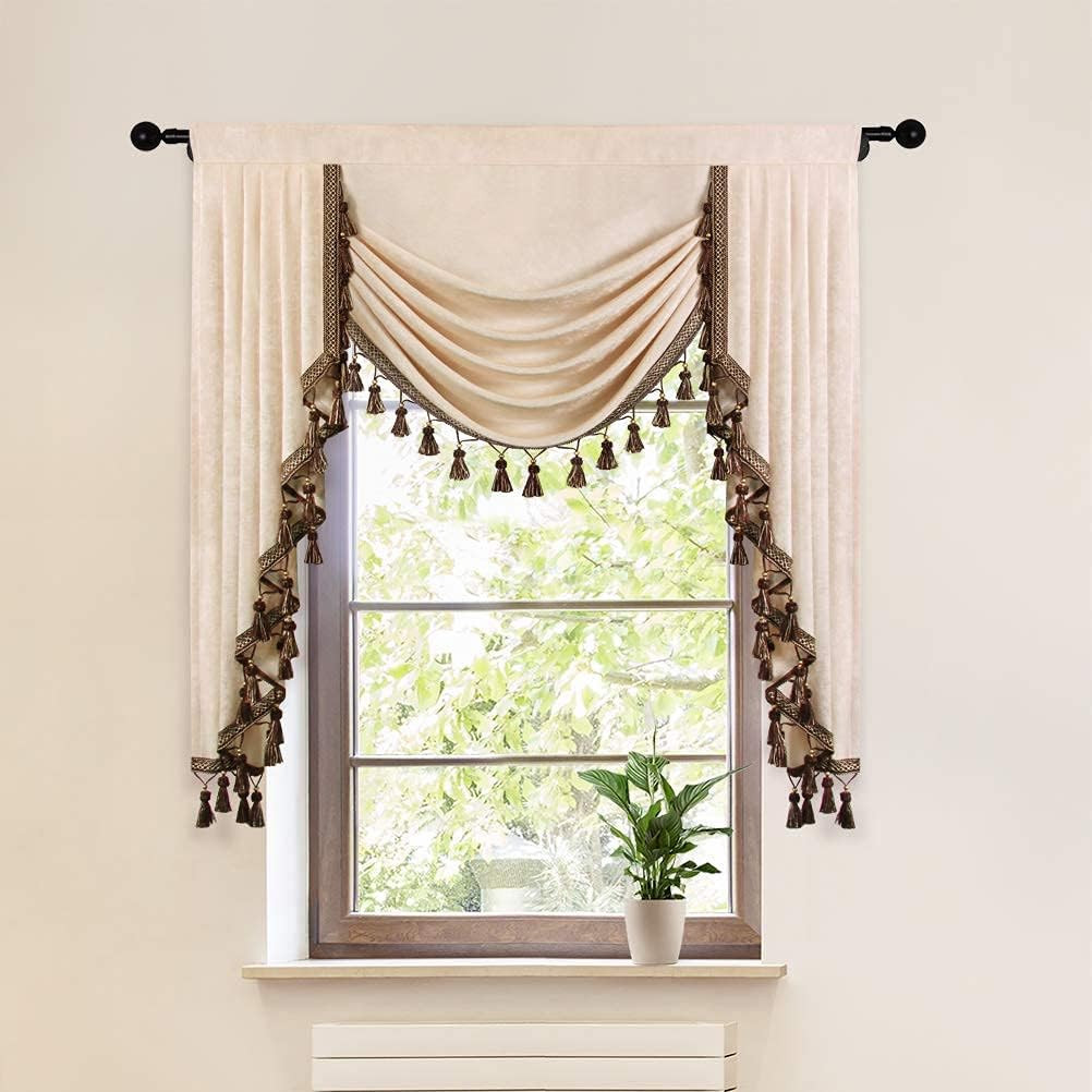Beige Chenille Waterfall Valance for Living Room & Bedroom, 39″ Panel