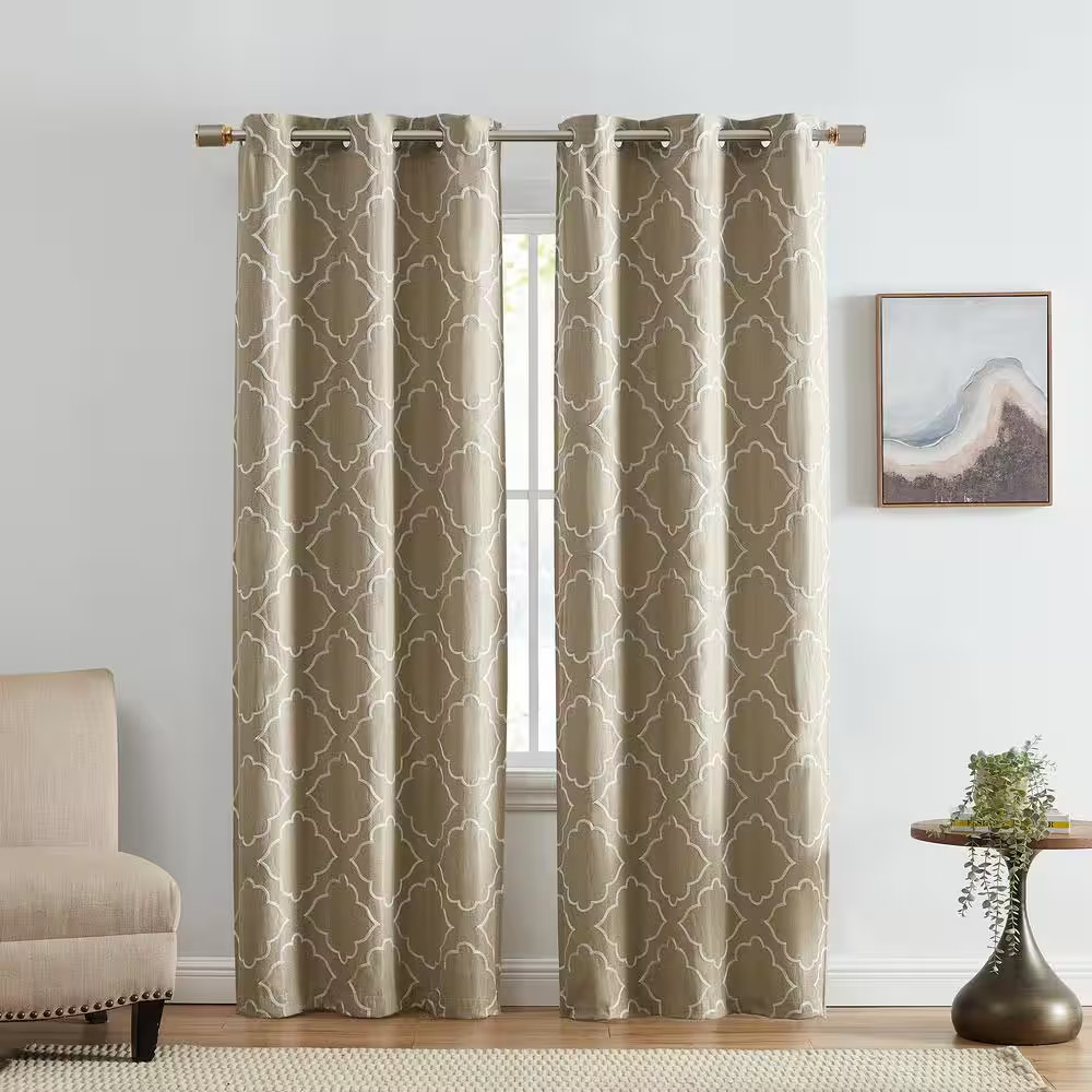 Valian Tan Polyester Embroidered Lattice 37 In. W X 84 In. L Grommet Top Indoor