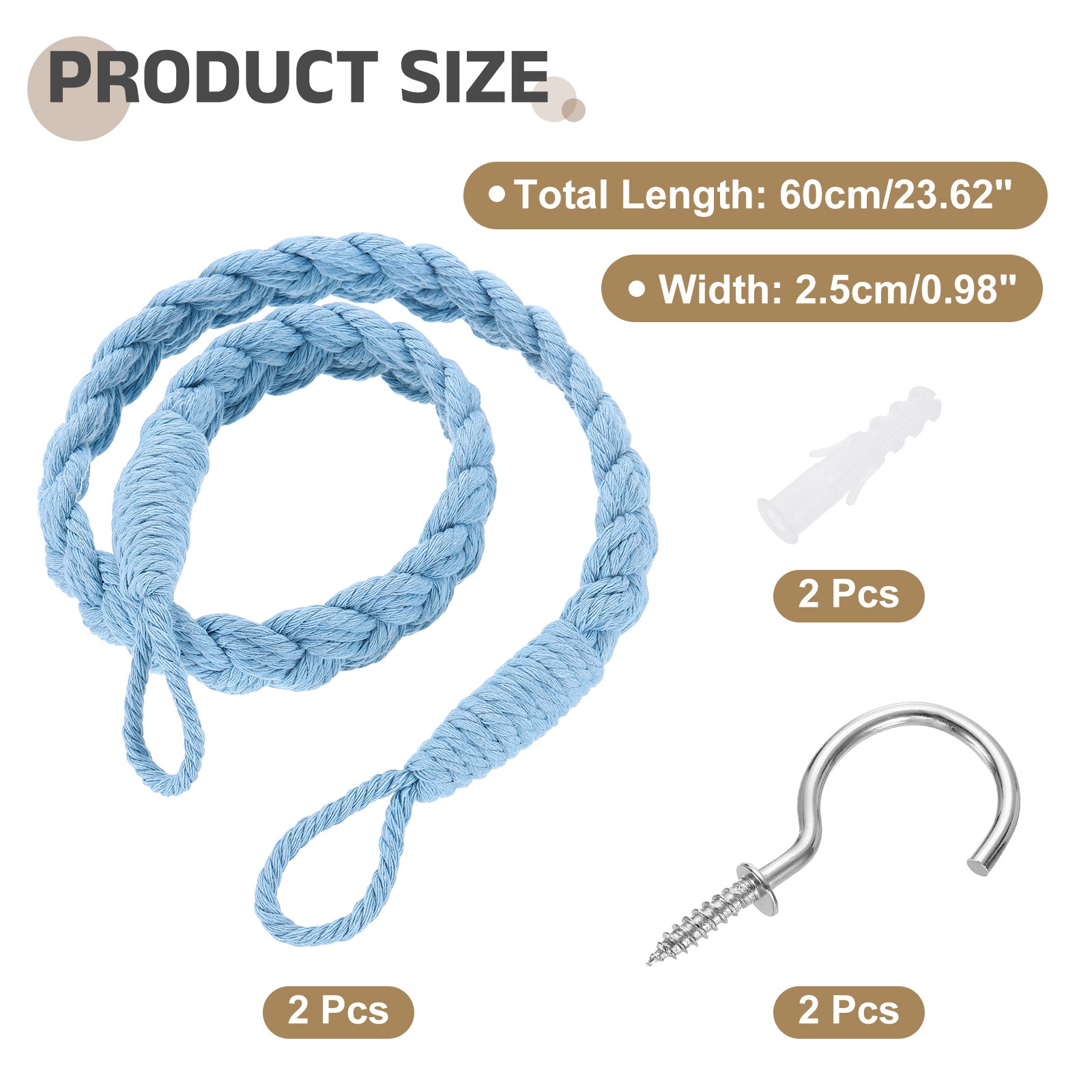 2Pcs Rope Curtain Tiebacks, 23.6″ Hand-Woven Curtain Holdback, Light Blue