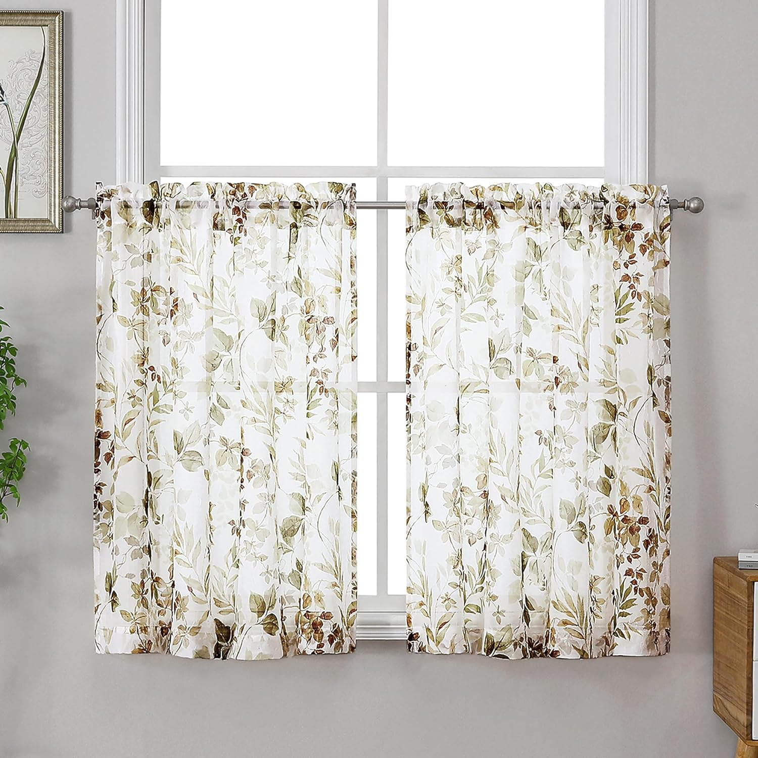 Crushed Sheer Curtains Tiers 36 Inch Length 2 Panels, Printed Design Small Half