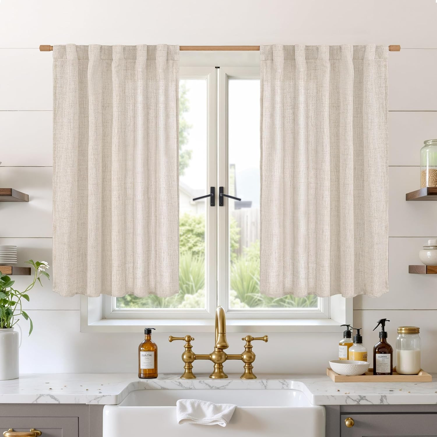 40 Inch Length Linen Curtains for Kitchen Cafe 42″W x 40″L (Pack of 2) Natura