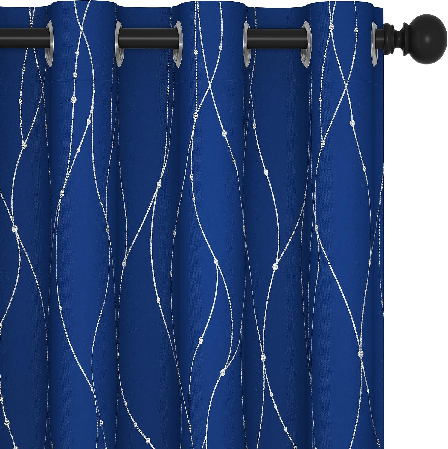 Deconovo Blackout Curtains, Royal Blue Thermal Grommet Drapes, Silver Wave Dots