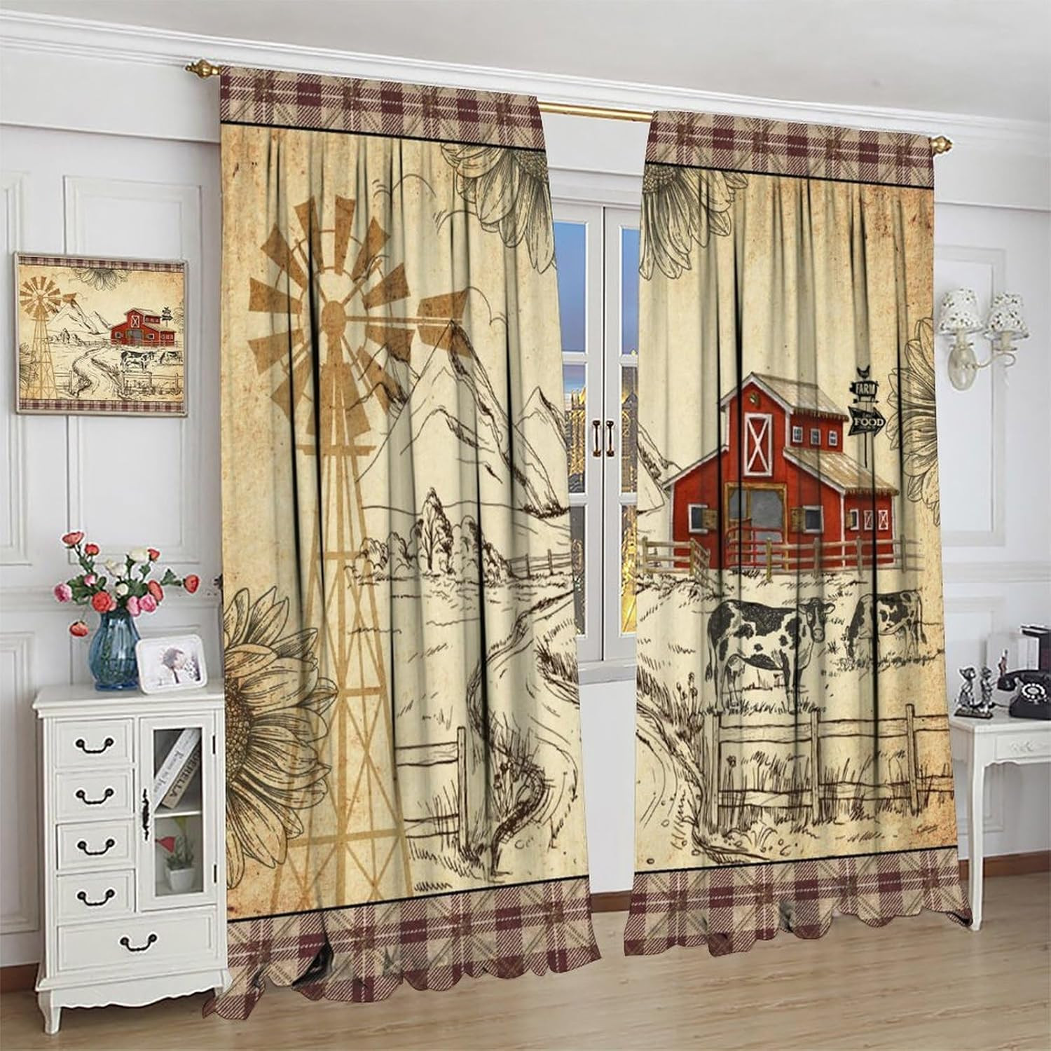 Retro Farm Cow Curtain for Bedroom,Vintage Brown Windmill Sunflower Country Far