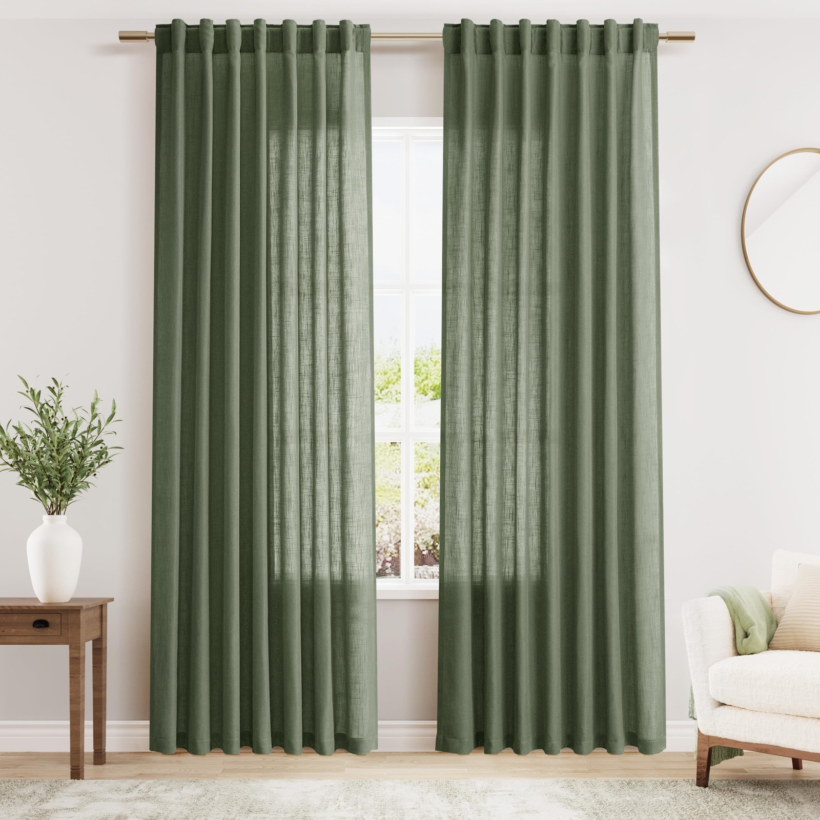 Olive Green Linen Curtains 84 Inches Long for Living Room Back Tab Light Filt…