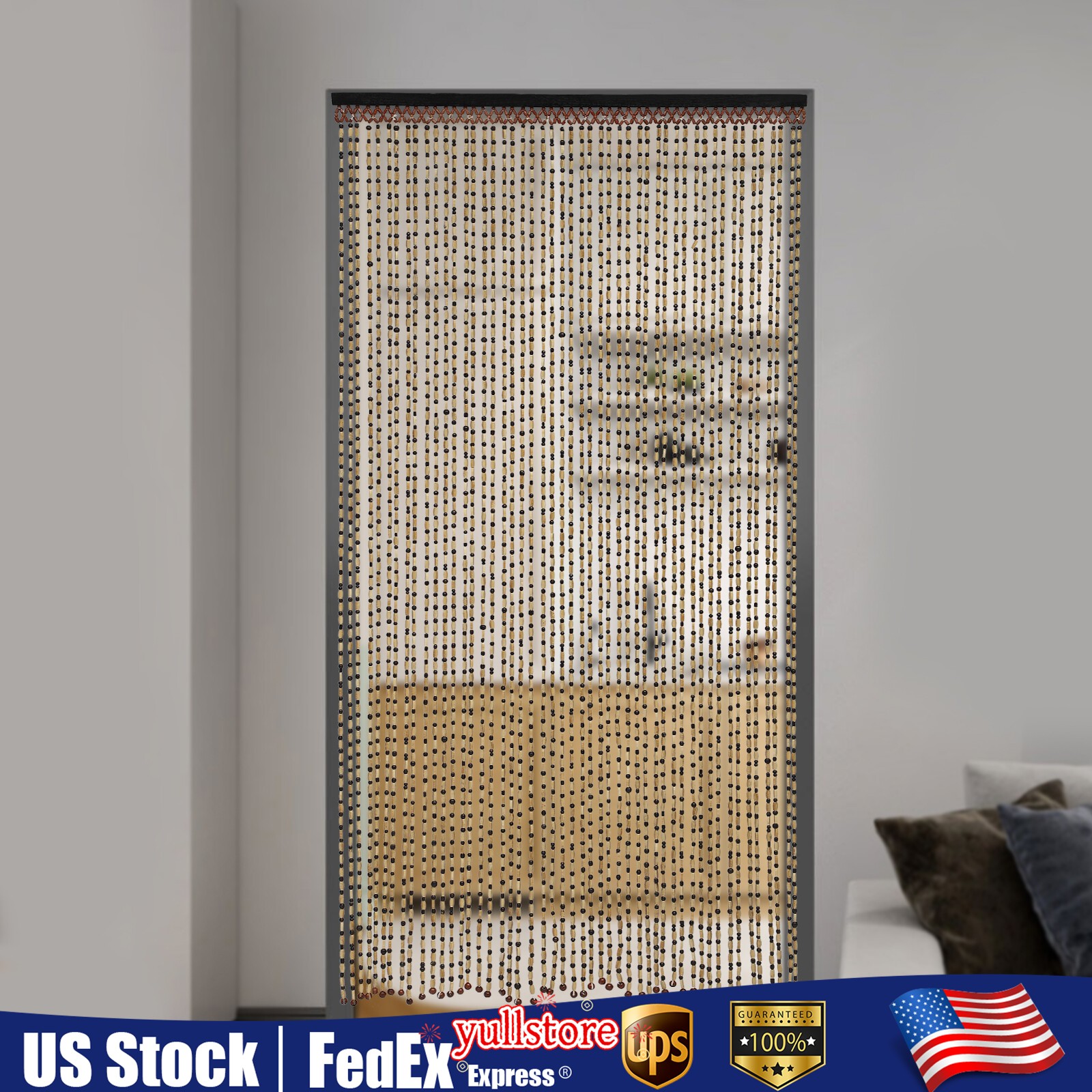 74.8 Inch Boho Natural Wood and Bamboo Beaded Curtain for Doorway Room Divider