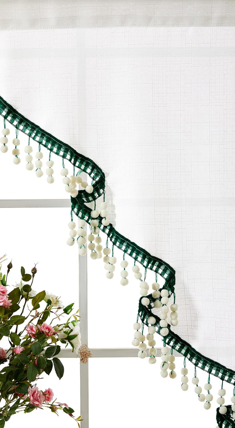 Boho Cute Christmas Tree Kitchen Curtain, White and Green, 47’W X 36’L, 1PCS