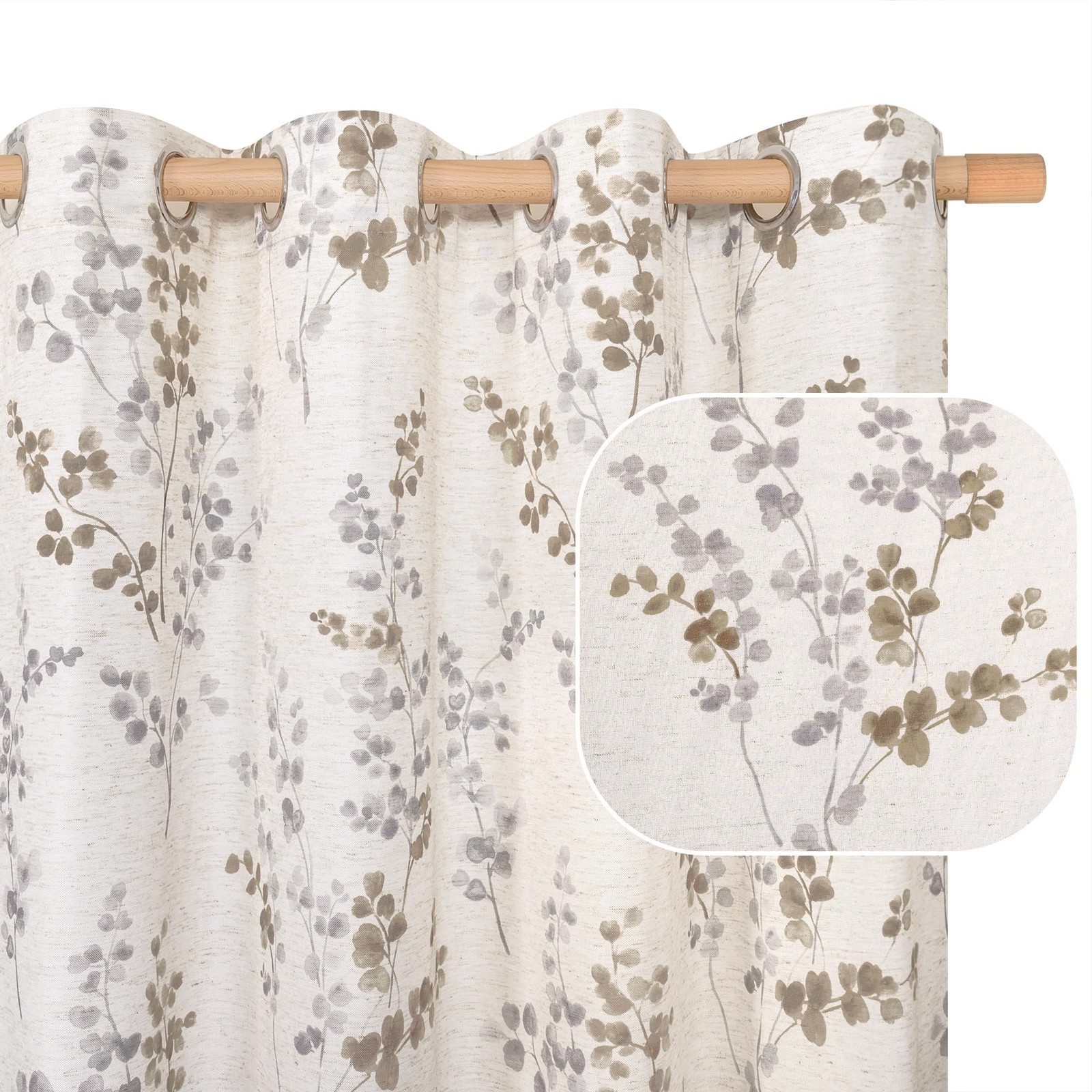 Linen Curtains for Living Room 84 Inch Length 2 Panels Set Floral Leaf Patter…
