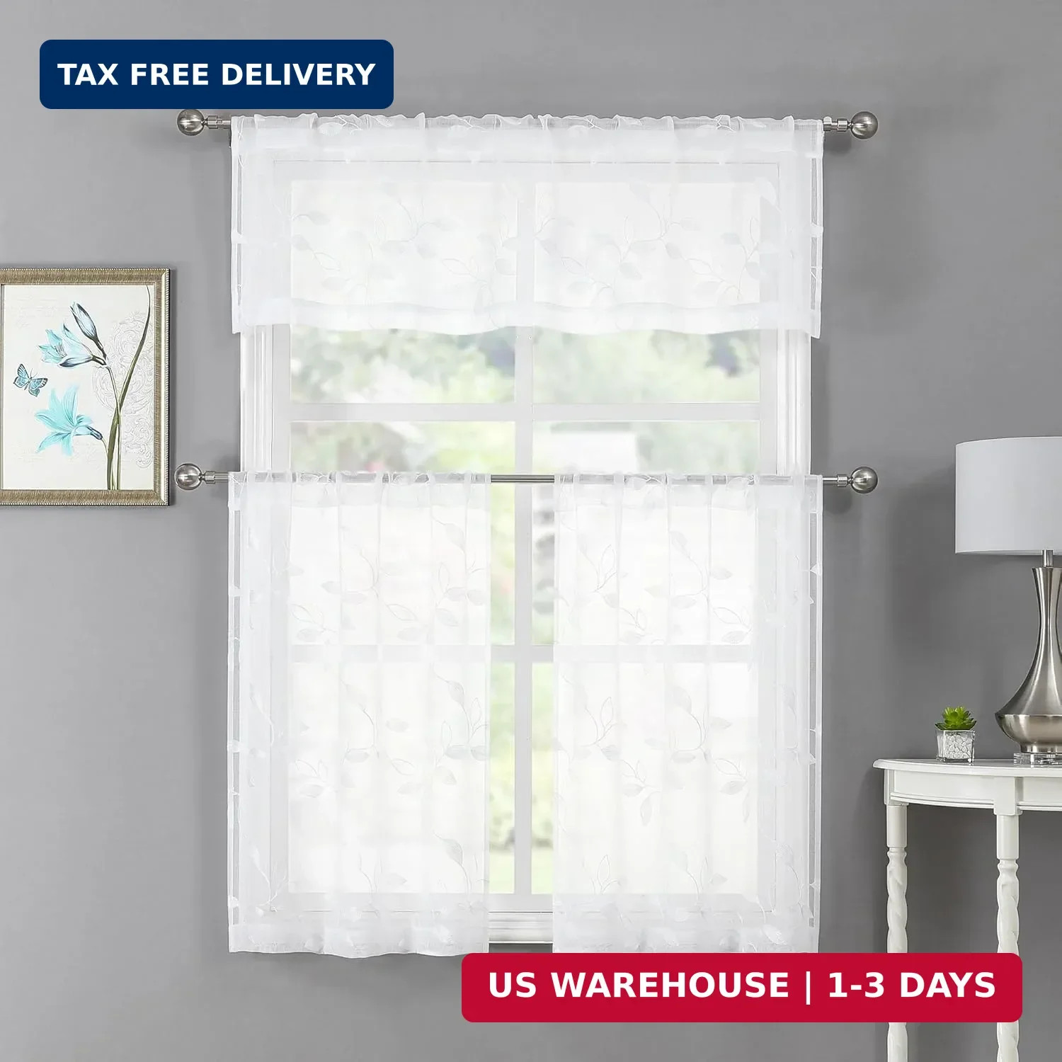 Tollpiz White Leaf Sheer Valance Leaves Embroidered Living Room Curtain Valances
