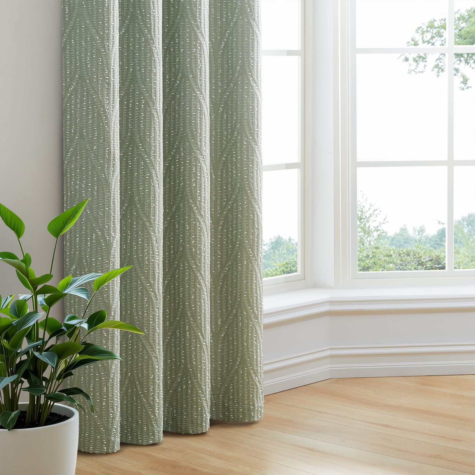 Drapexpert Green White 100% Blackout Geometric Jacquard Curtains Thermal