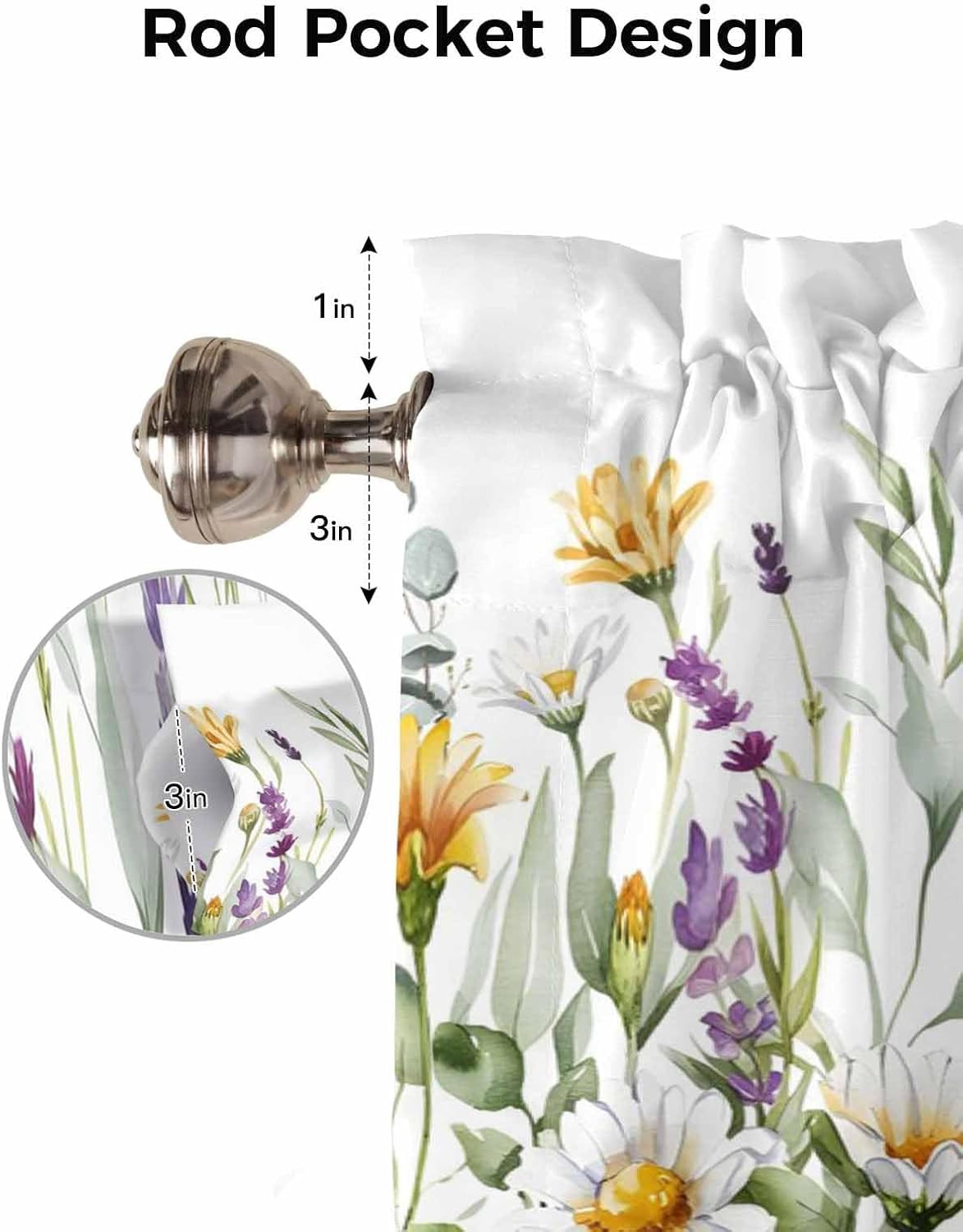 Kitchen Curtain Valance, Lavender Daisy Flower Eucalyptus Leaves Watercolor Flor