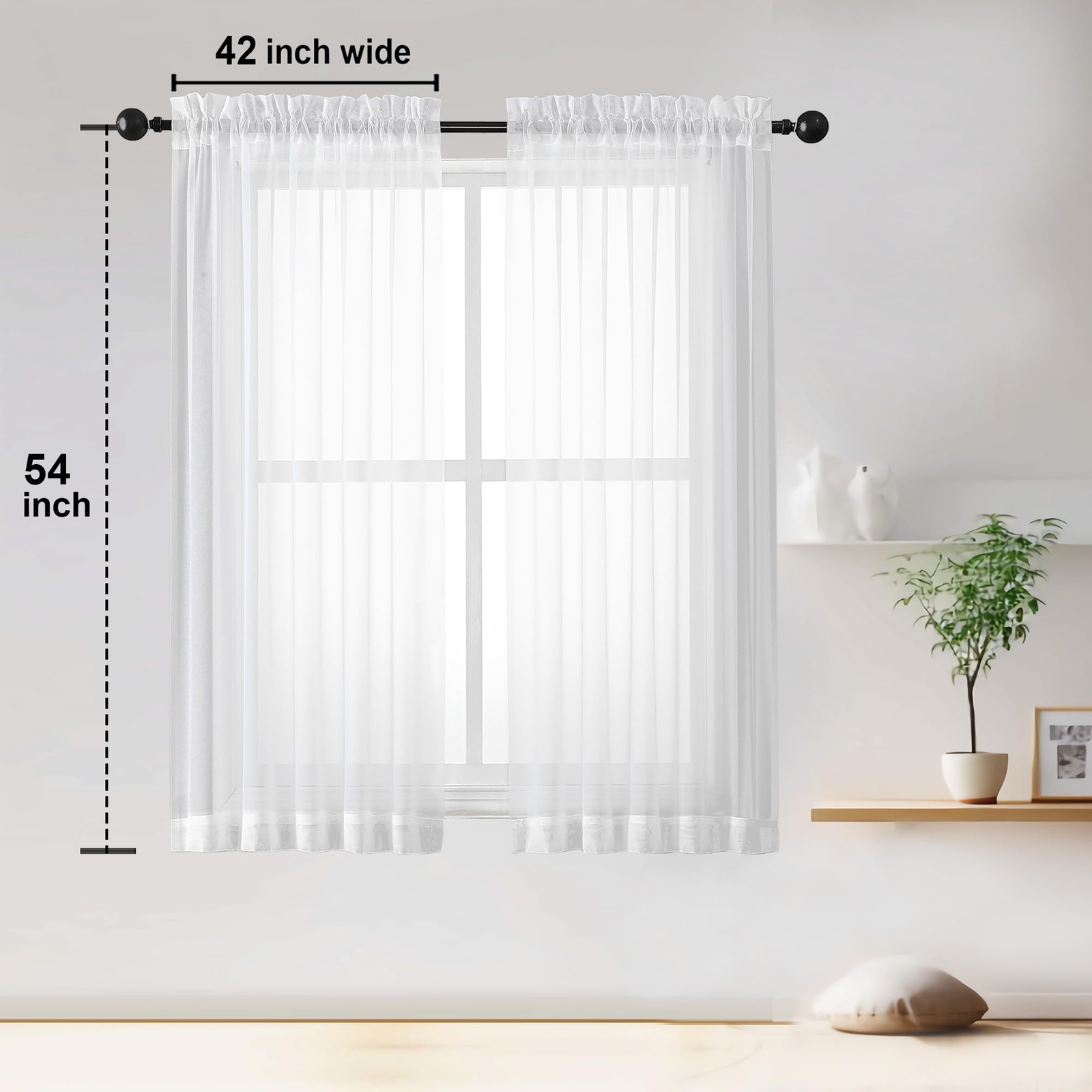 2 Panels 54″ Sheer White Curtains Light Filtering Voile Panels Drapes