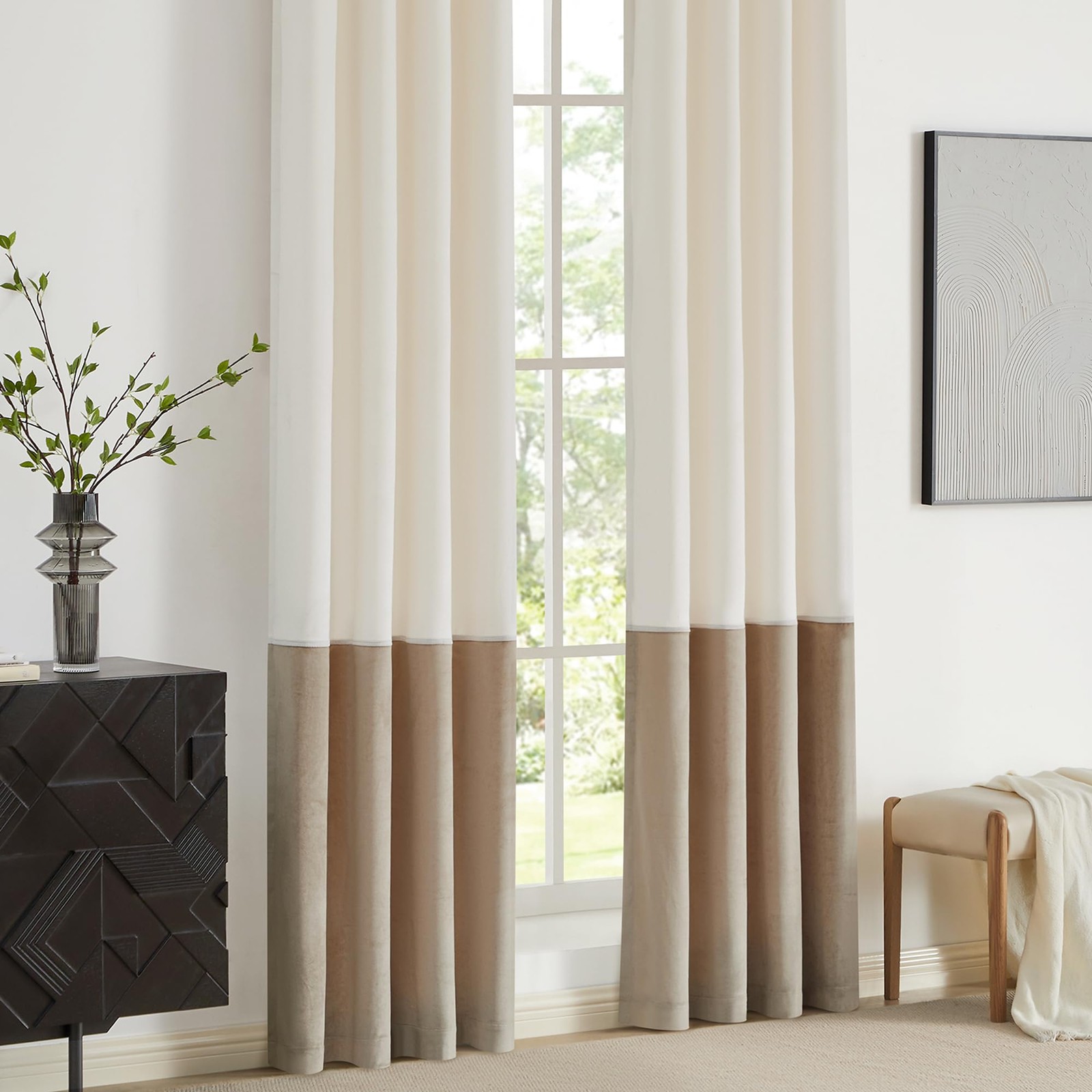 Bulbul Color Block Velvet Curtains 63 Inch Cream Ivory Champagne Elegant Modern