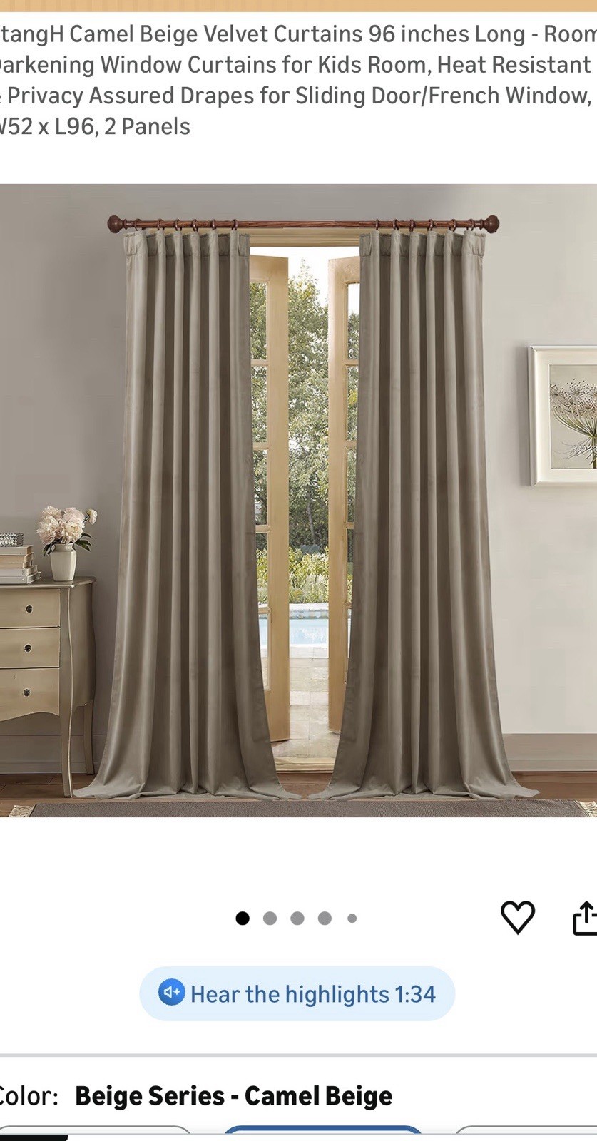 StangH Camel Beige Velvet Drapes 52 X 96 2 Panels Luxurious Modern Elegant