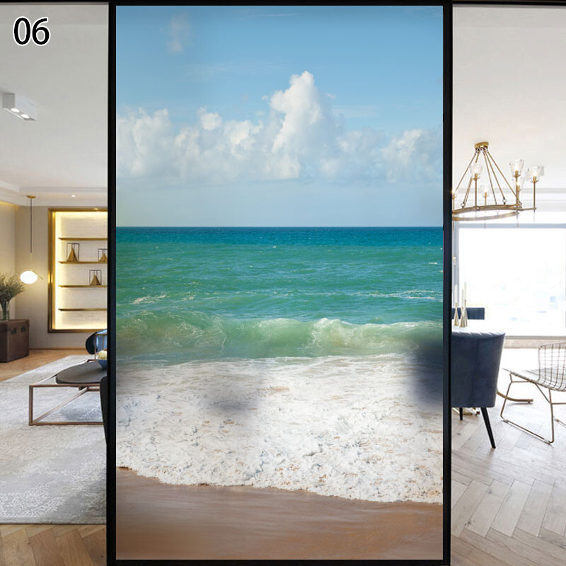 Wave Beach Static Frosted Stained Window Film Flower Decor Glass Sticker