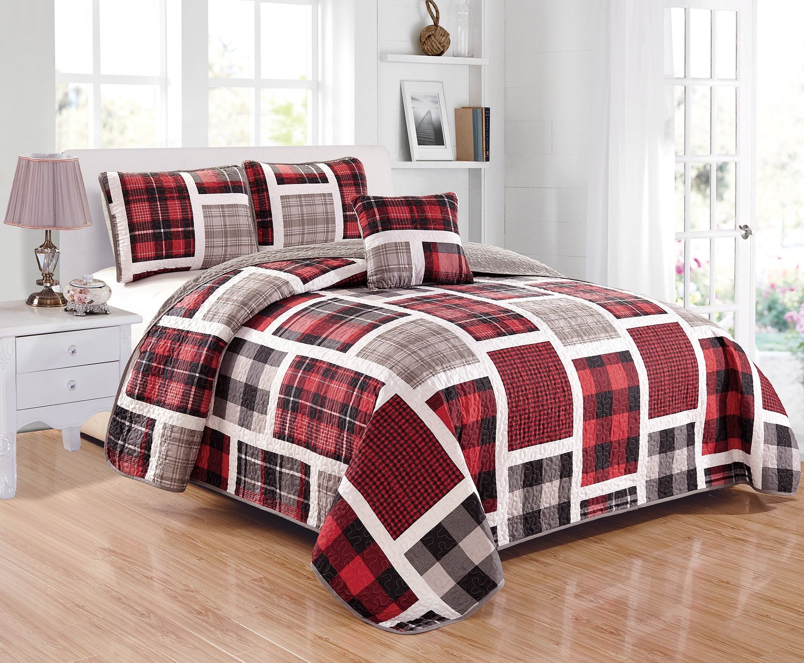 Quilted Bedspread Set For Teen Boys Patchwork Plaid Red Grey Black White New fu