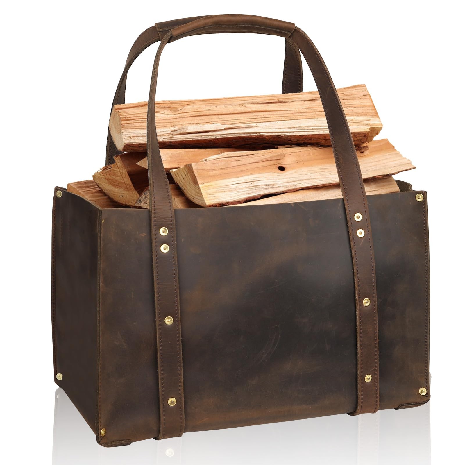 Woodman’s Premium Cowhide Leather Log Carrier, Handcrafted Heavy-Duty Firewoo…